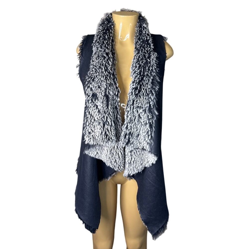 Dolce Cabo Open Front Waterfall Vest Faux Fur Black Brown Size Small